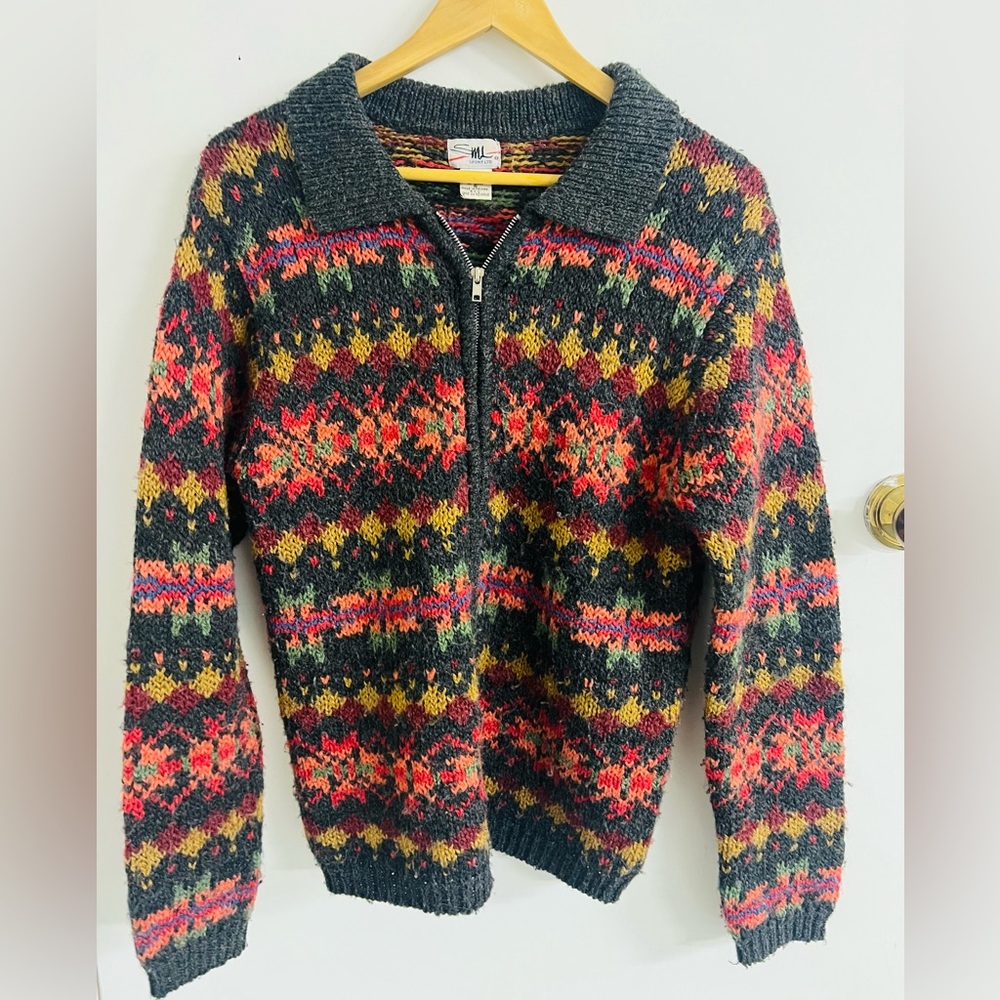 Womens Zip-Up Collard Chunky Sweater Size Small Knit Alpine Colorful Cozy Nordic